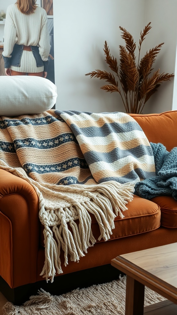 A styled brown couch with layered textiles, including cozy throw blankets and pillows.