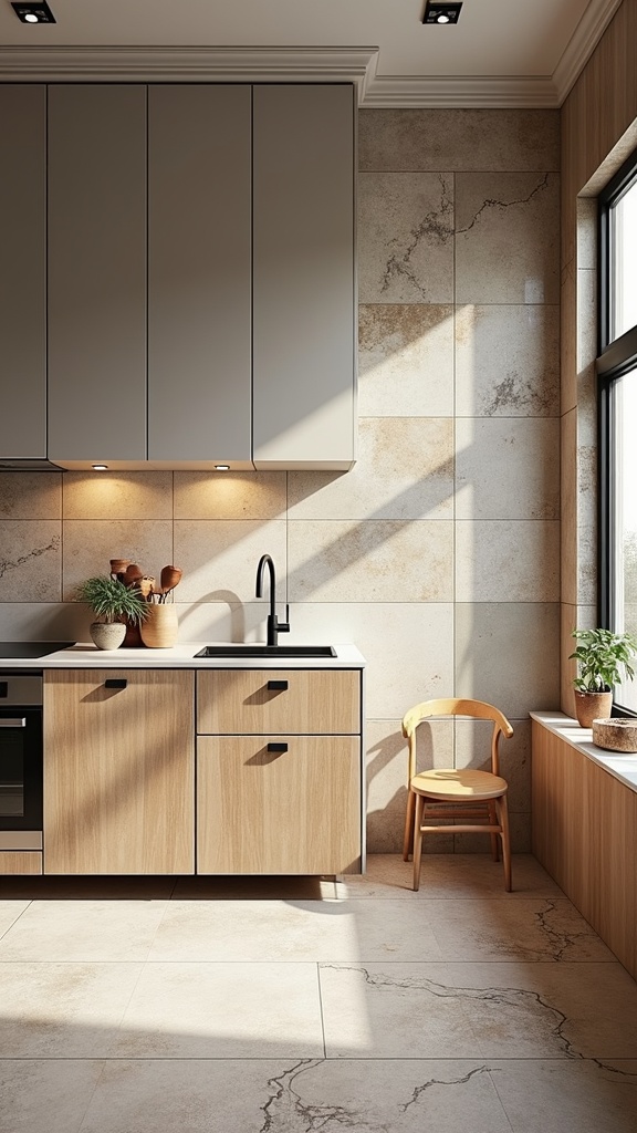 A stylish kitchen with a mix of sleek cabinetry, textured tiles, and natural wood elements.