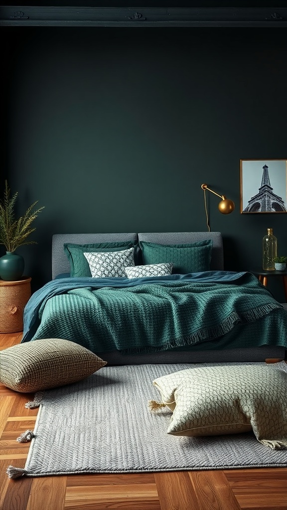 A dark green bedroom with layered textures, including a cozy bed, various pillows, and a soft rug.