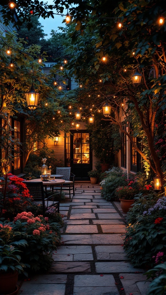 A beautifully lit courtyard garden with string lights and lanterns.