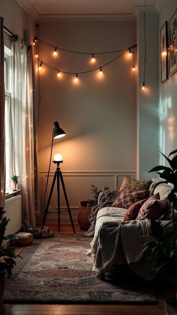 Cozy living room with string lights and a tripod lamp
