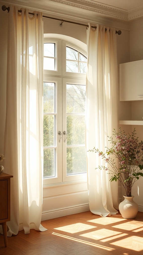 Bright, lightweight drapes hanging in a sunlit room beside a window.