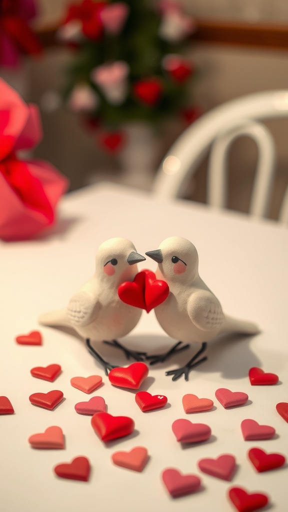 Two love birds holding a heart surrounded by small heart-shaped decorations.