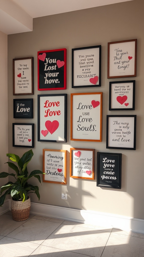 A wall decorated with various framed love notes and quotes in different styles and colors.