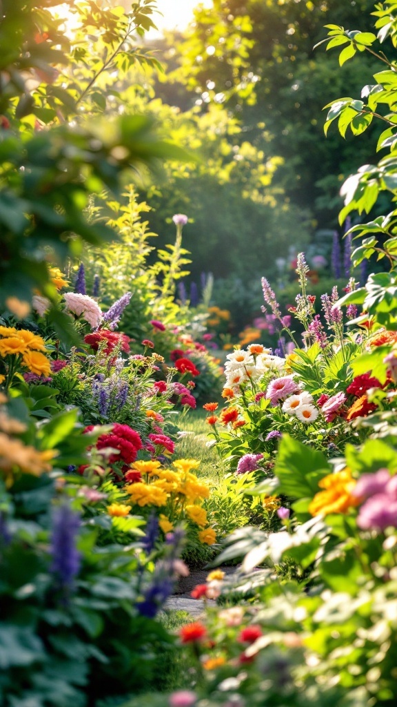 A vibrant garden pathway lined with colorful flowers and greenery.