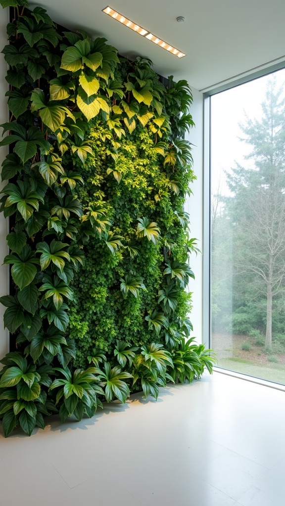 A vertical garden filled with lush green plants beside a large window.