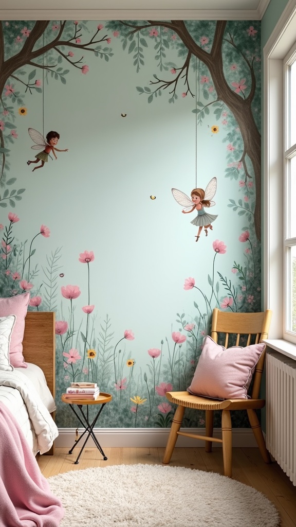 A whimsical kids' bedroom mural featuring fairies, flowers, and trees, creating a magical garden atmosphere.