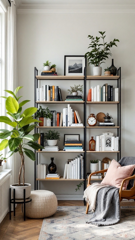 A stylish living room featuring a tall shelving unit filled with books and plants, with a cozy chair and rug.