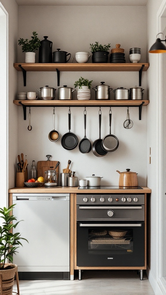 A small open kitchen with wooden shelves holding pots and plants, a stove, and a dishwasher.