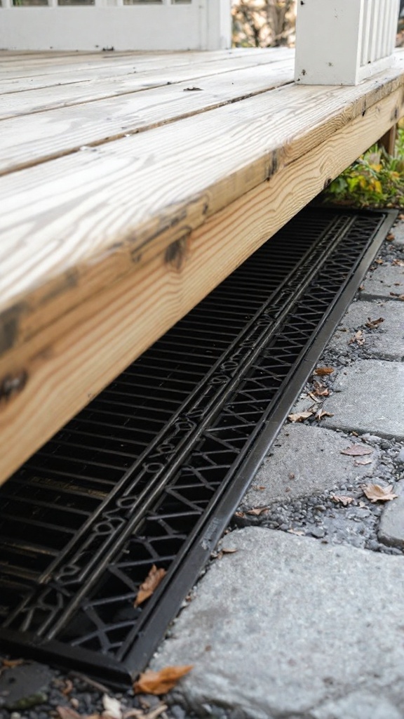 A black metal grate placed under a wooden deck for ventilation