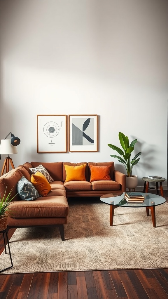 A stylish living room with a brown couch, colorful cushions, and mid-century modern accessories.