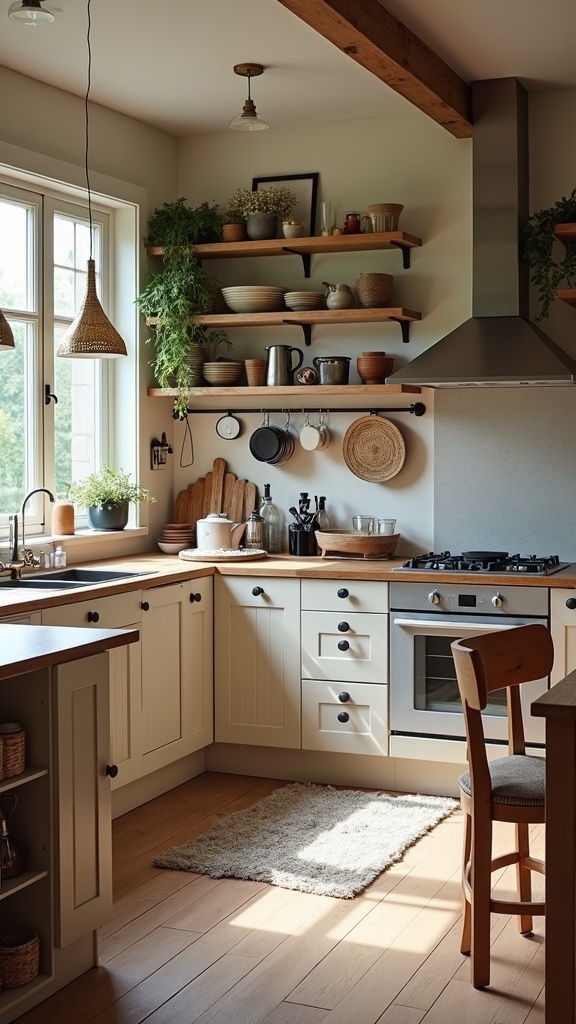 A well-decorated kitchen featuring open shelving, rustic wooden tables, and modern chairs.
