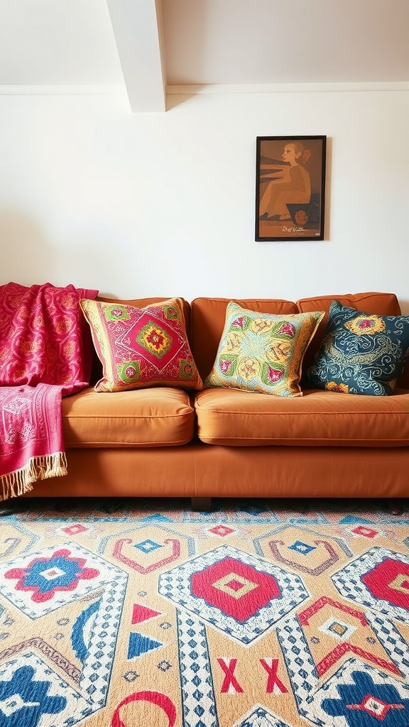 A stylish living room with a brown couch, colorful patterned pillows, and a decorative rug.