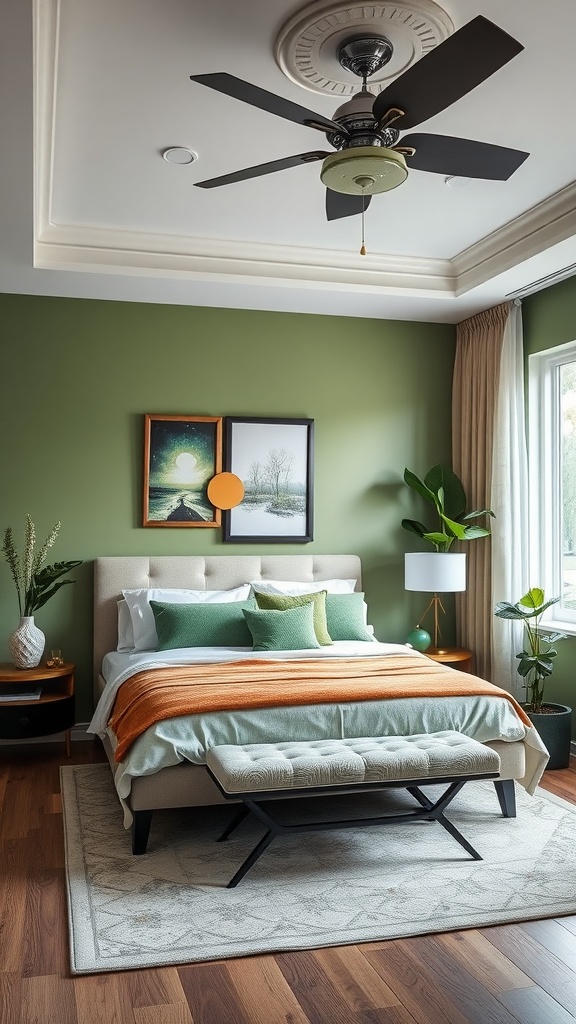A serene dark green bedroom with a bed featuring an orange throw, green pillows, and stylish decor.