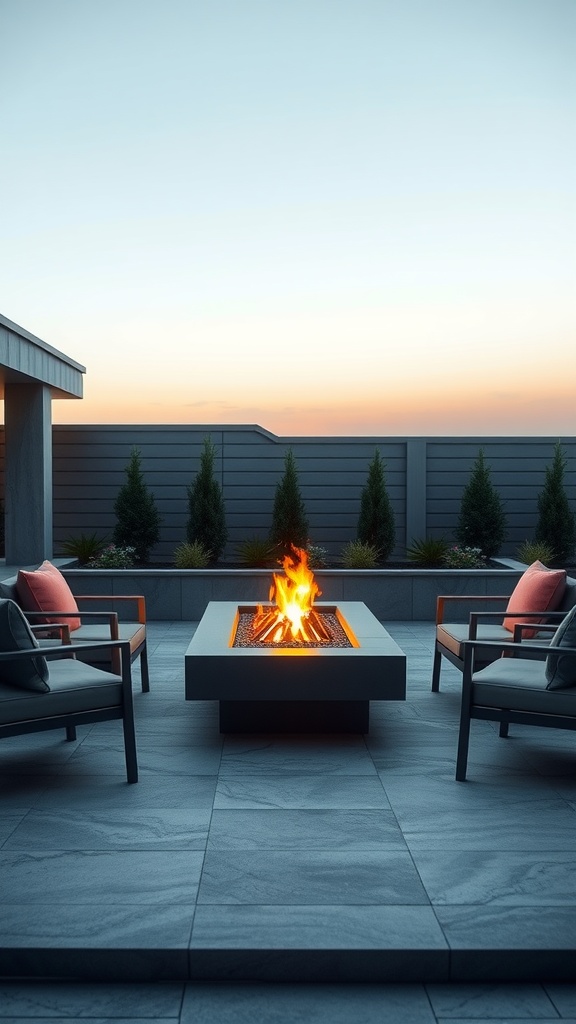 A modern fire pit on a contemporary patio, surrounded by stylish seating and greenery.