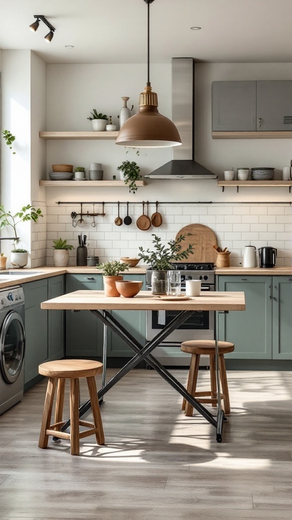 A modern open kitchen with multi-functional furniture, featuring a foldable table and space-saving stools.