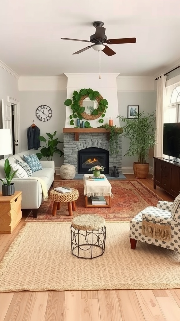 A cozy living room featuring a natural fiber rug, plants, and rustic decor.