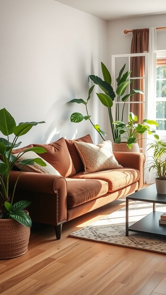 A stylish living room featuring a brown couch and various indoor plants.