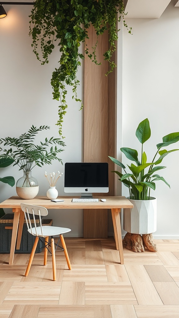 A minimalist interior showcasing natural textures with wood paneling, plants, and a simple wooden table.