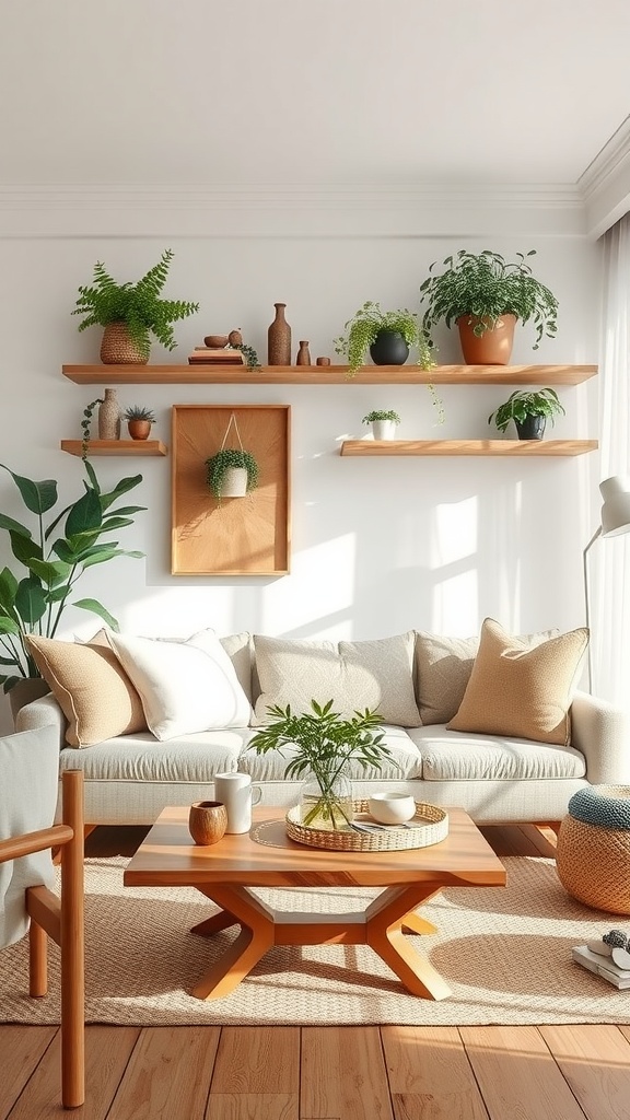 A cozy living room with natural wood accents, featuring a wooden coffee table, shelves, and various plants.