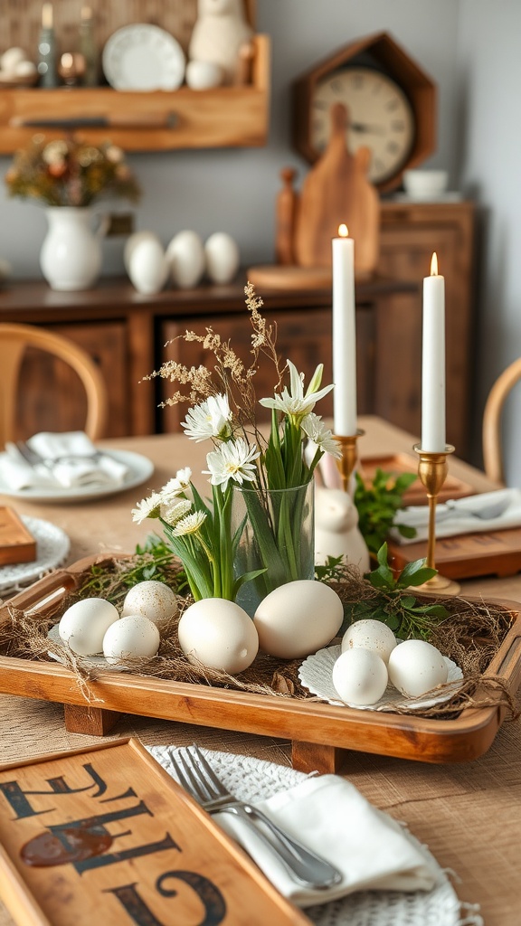 A beautifully set Easter table featuring natural wood elements, flowers, and decorative eggs.