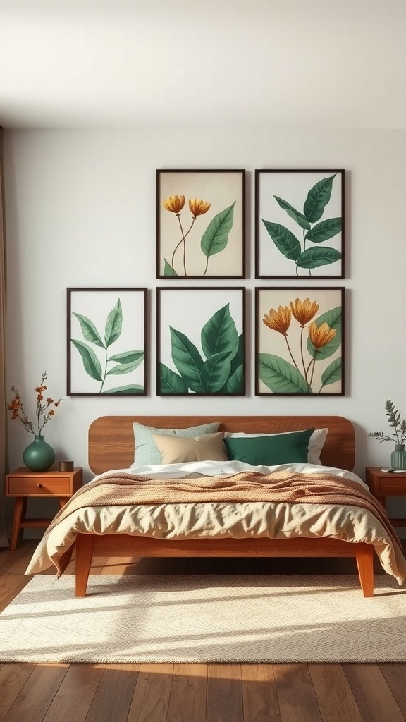 A cozy bedroom featuring nature-inspired artwork with green leaves and yellow flowers in frames above the bed.