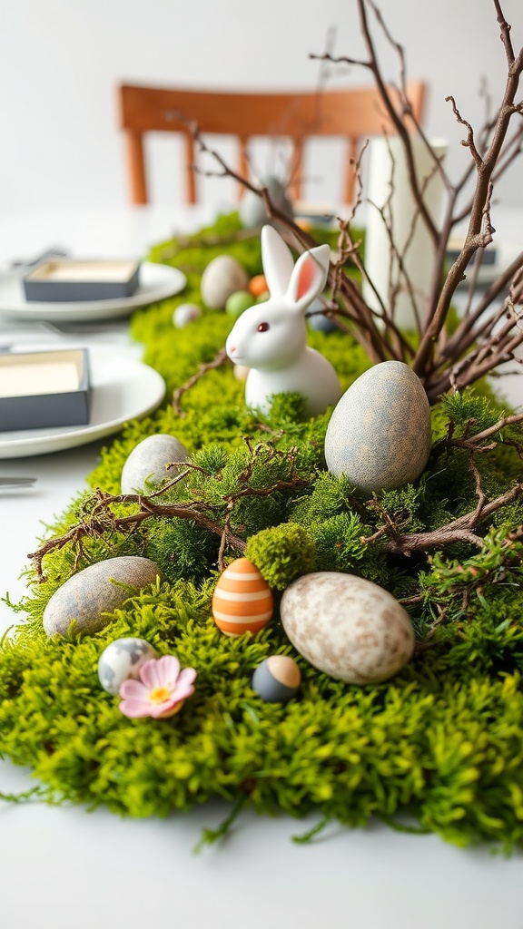 A spring-inspired tablescape featuring moss, decorative eggs, and a bunny figurine.