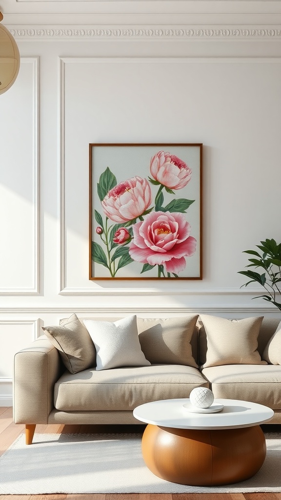 Floral wall art in a modern living room setting