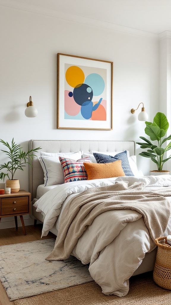 A stylish bedroom featuring neutral tones with colorful accents in decor