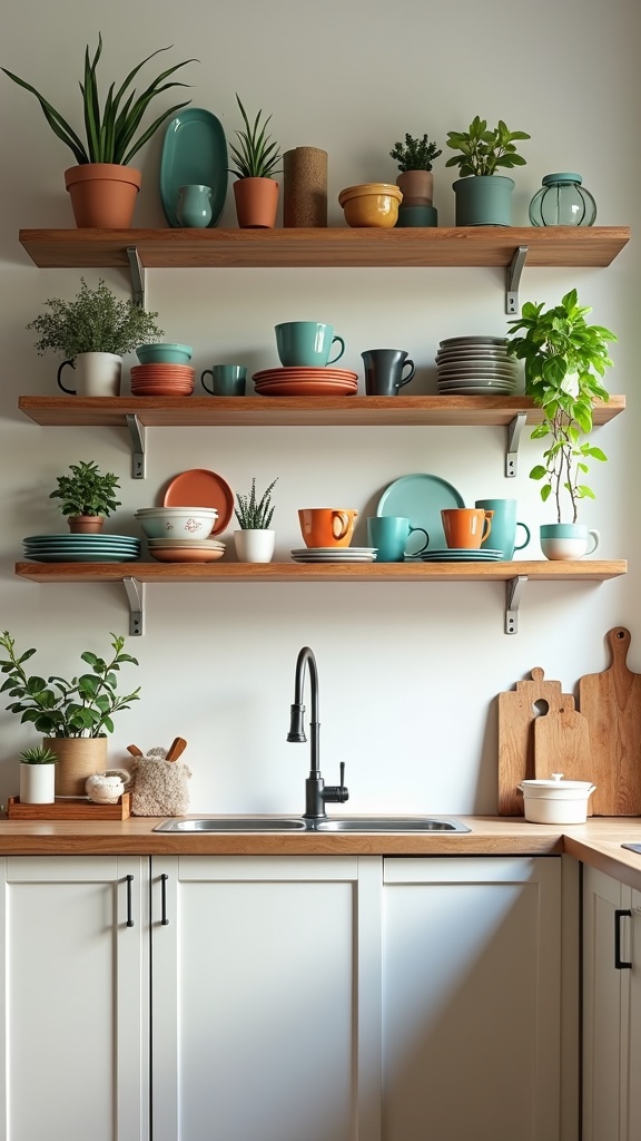 Open shelving in a kitchen displaying colorful dishes and plants.