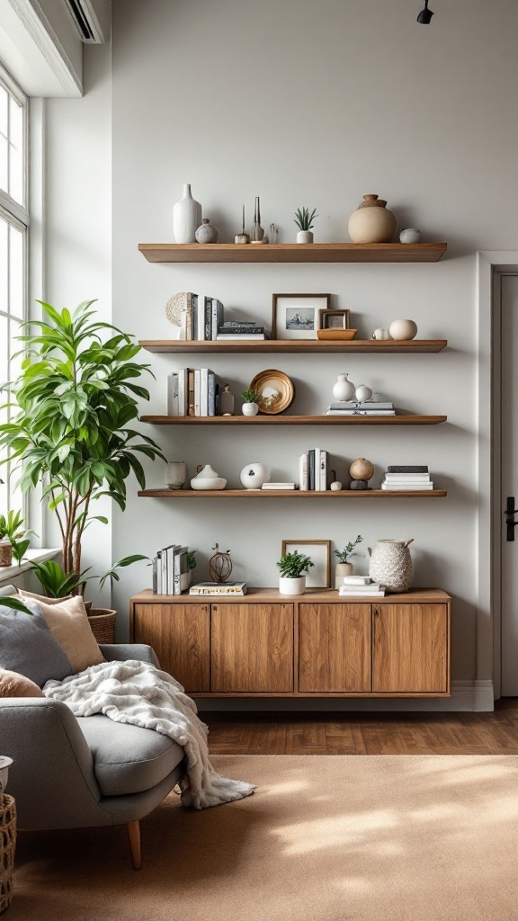 A cozy living room with open shelving, showcasing books, decor, and plants, complementing a gray couch