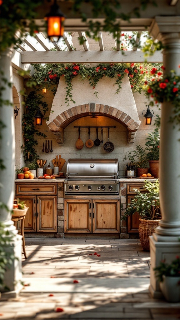 A beautifully designed outdoor cooking space with a grill, wooden cabinets, and potted plants.
