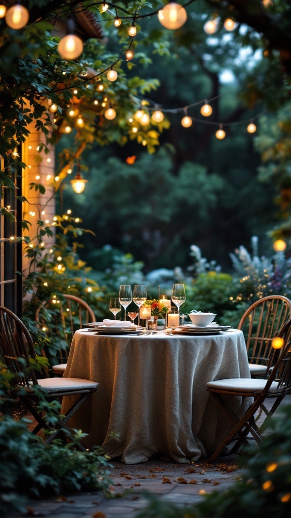 Cozy outdoor dining setup with a table, chairs, and string lights in a garden setting.