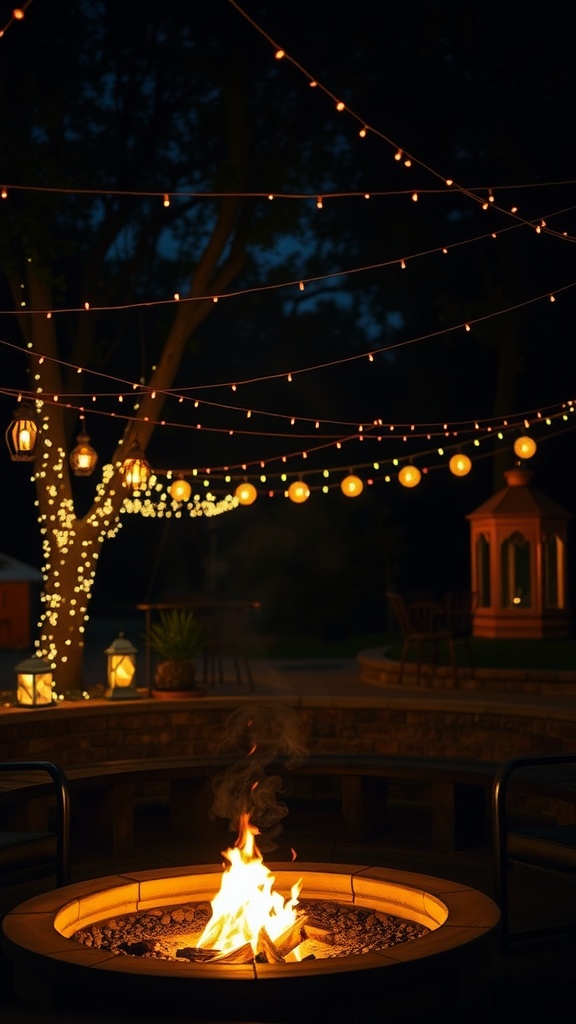 A cozy outdoor fire pit setup with string lights and lanterns illuminating the area.