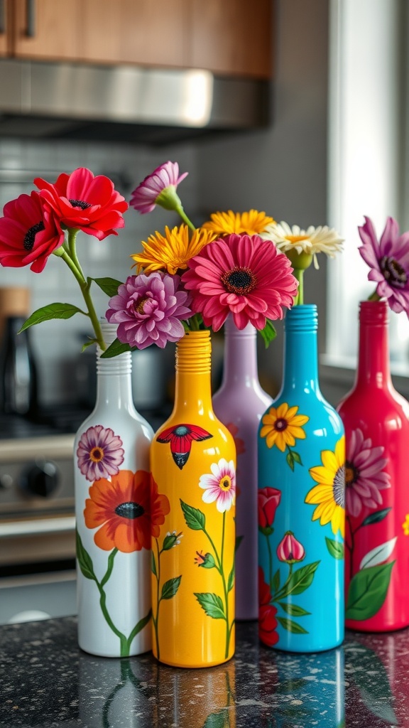 Colorful painted wine bottles with flowers inside