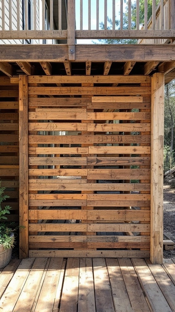 Stylish wooden panel made from reclaimed pallet wood under a deck.