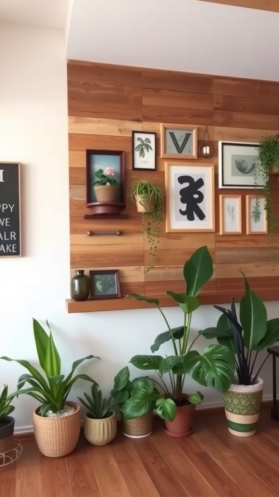 Pallet wood wall decor featuring framed art and potted plants.