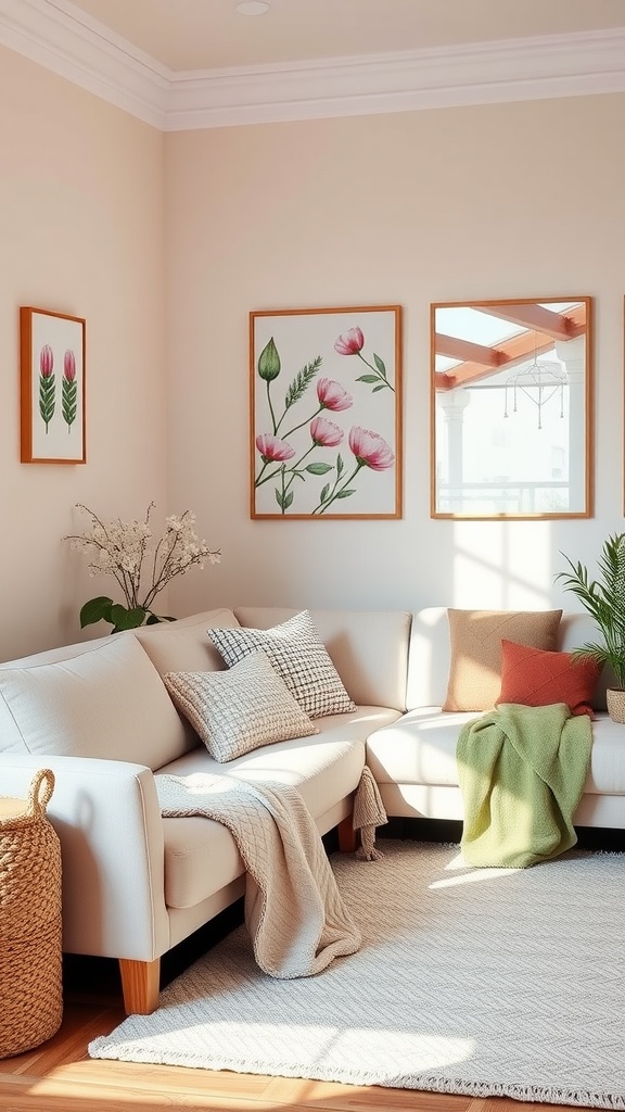 A cozy living room featuring pastel colors with floral artwork and comfortable furnishings.