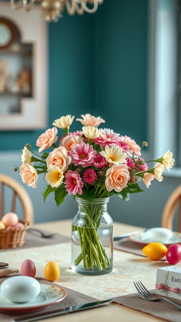 A pastel floral centerpiece with pink and yellow flowers in a vase on a dining table decorated for Easter.