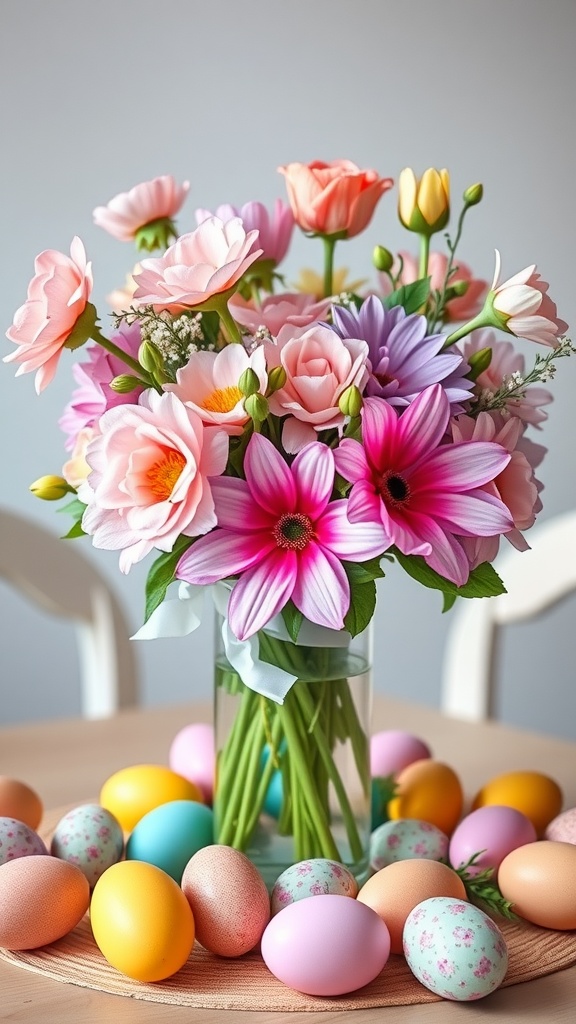 A vase filled with pastel-colored flowers surrounded by colorful Easter eggs.