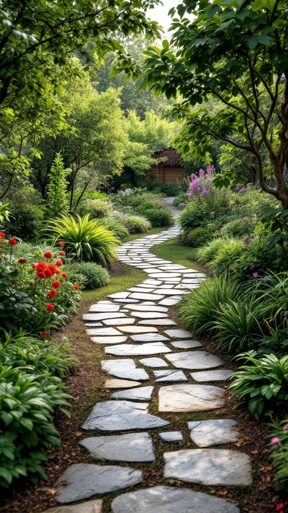 A winding stone path through a lush green garden with vibrant flowers.