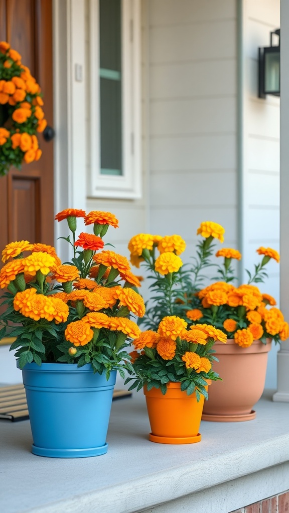Colorful marigold flower pots on a front porch.