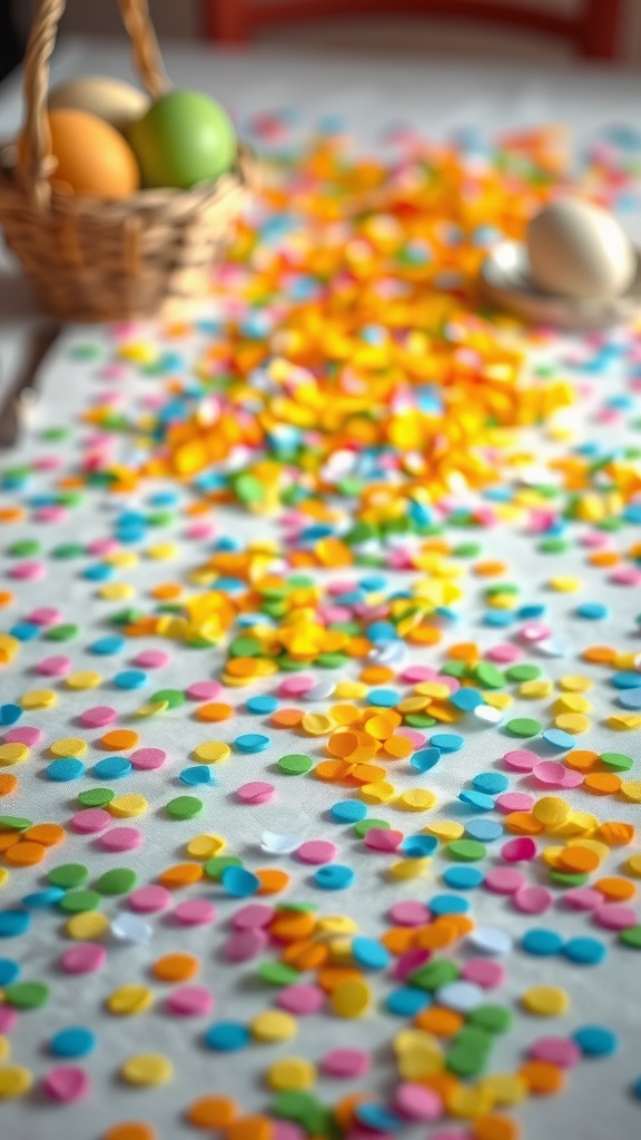 Colorful confetti scattered on a table with a basket of eggs in the background