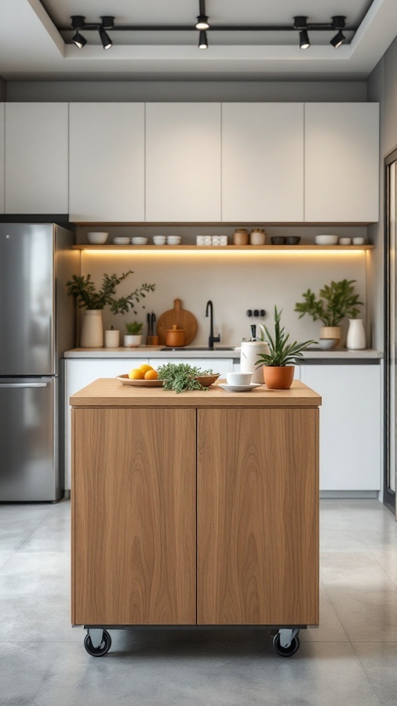 A modern kitchen featuring a portable wooden kitchen island with wheels, fresh herbs, and fruits on top.