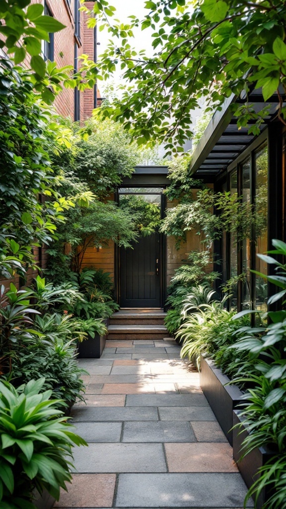 A beautiful courtyard garden with plants and a pathway leading to a door.