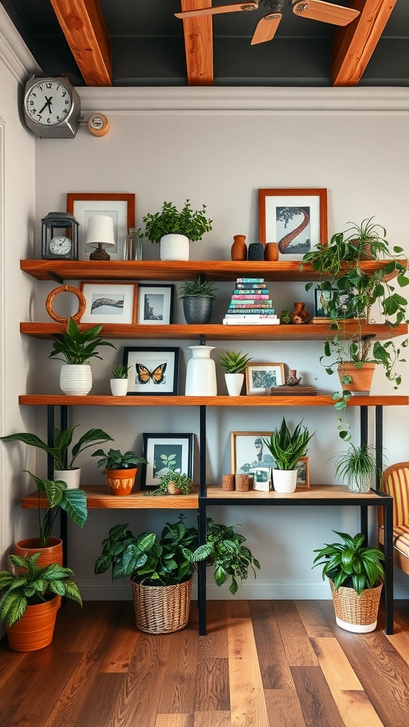 A cozy living area featuring reclaimed wood shelves filled with plants and decorative items.