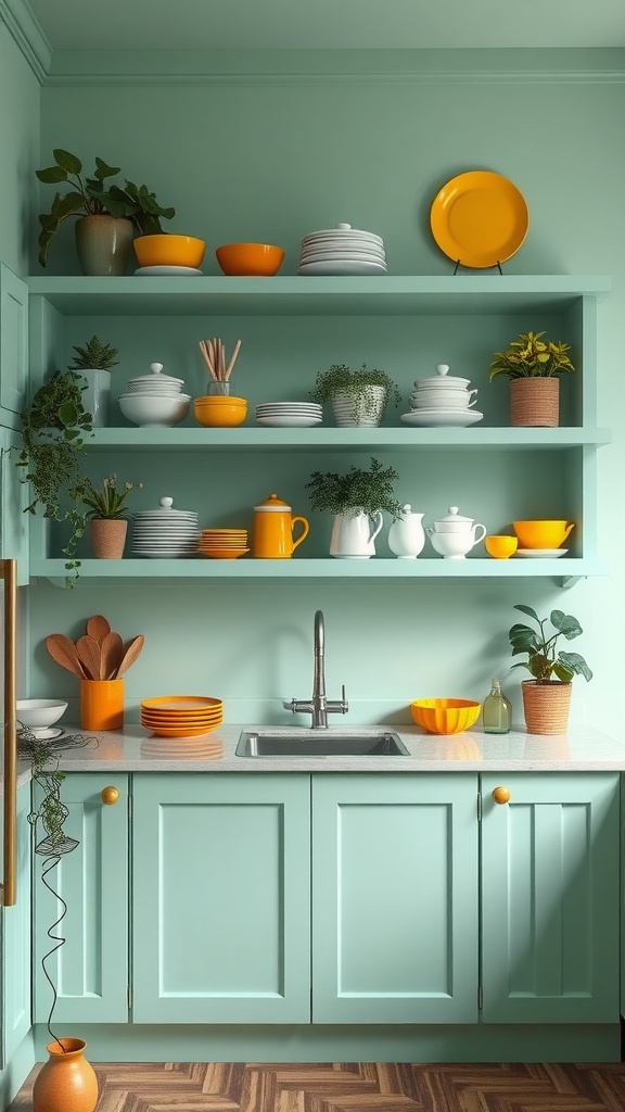 A mint green kitchen with open shelves displaying white and orange dishware, along with plants.