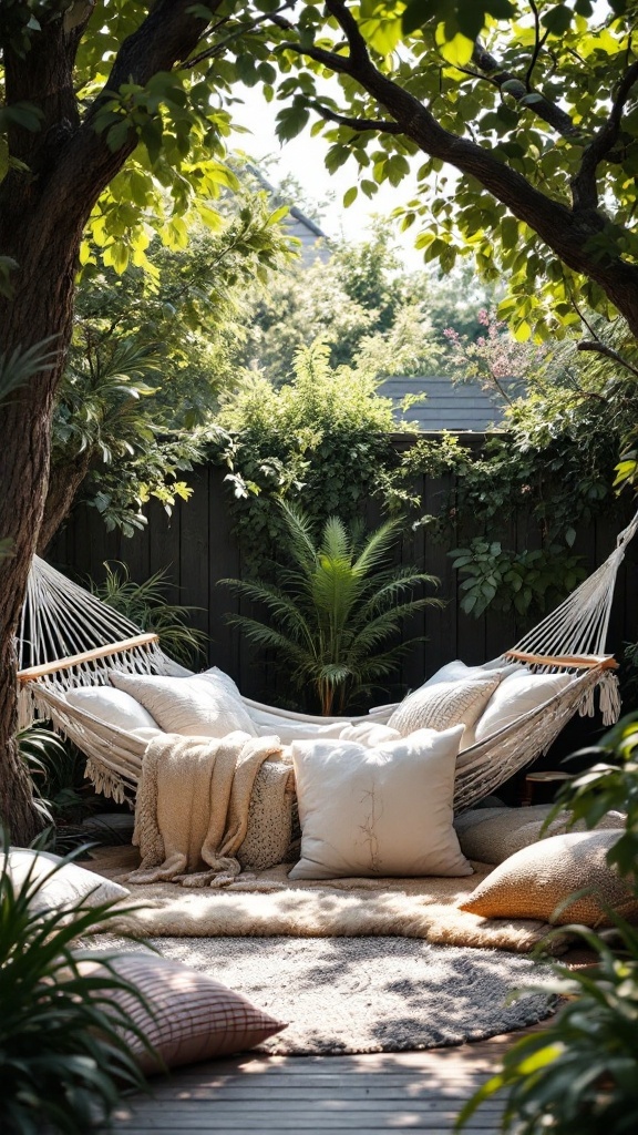 A serene backyard scene featuring a hammock draped with blankets and pillows, surrounded by lush greenery.