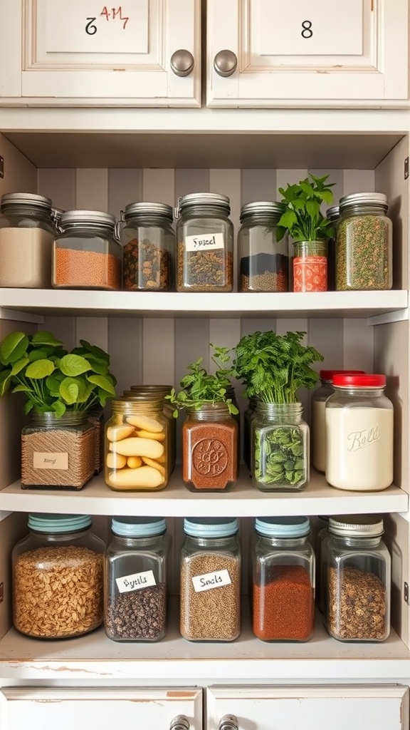 Organized jars on a shelf containing spices, herbs, and other kitchen items.