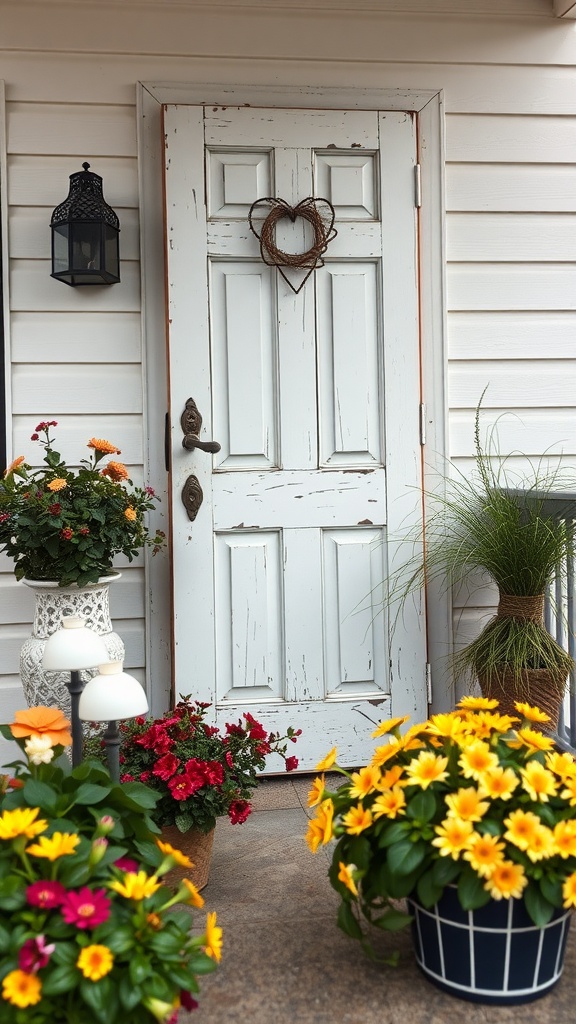 A weathered vintage door adorned with a heart-shaped wreath and surrounded by colorful flower pots.